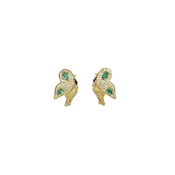 Brinco Borboleta Fechada Cravejado Zircônia Branca e Verde Dourado