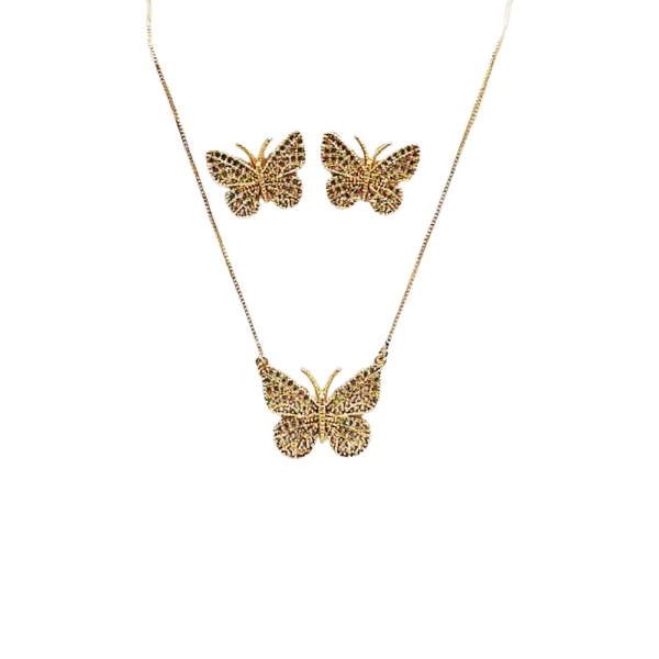 Conjunto Borboleta Cravejado Zircônia Branca Banho Ouro – Colar, Extensor e Brincos