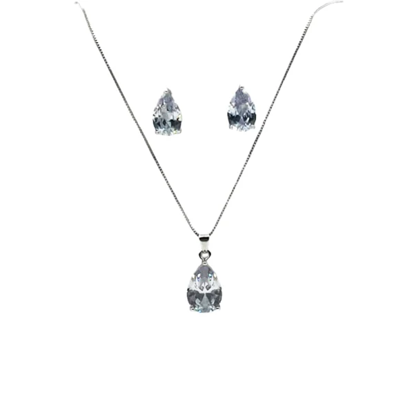 Conjunto Colar e Brinco Gota com Zircônia Banho Prata