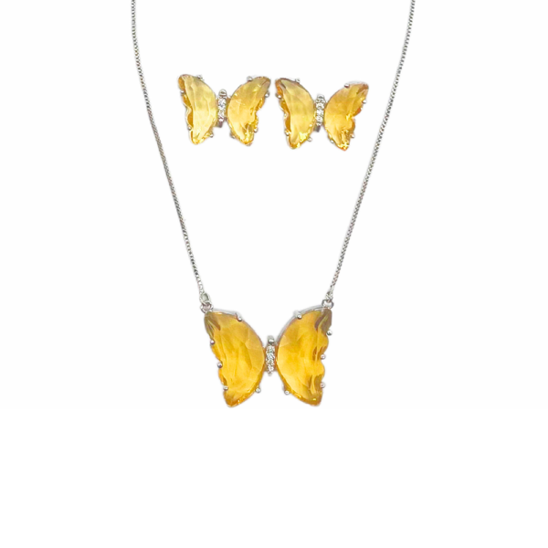 Conjunto Colar e Brinco Borboleta Cristal Amarela Banho Ródio