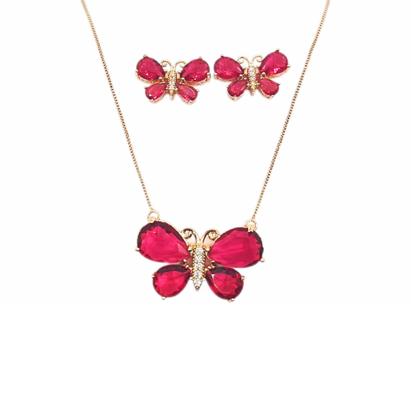 Conjunto Colar e Brinco Borboleta Cristal Pink Banho Ouro