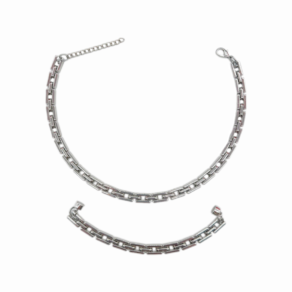 Conjunto Colar e Pulseira Elos Retangulares Banho Ródio